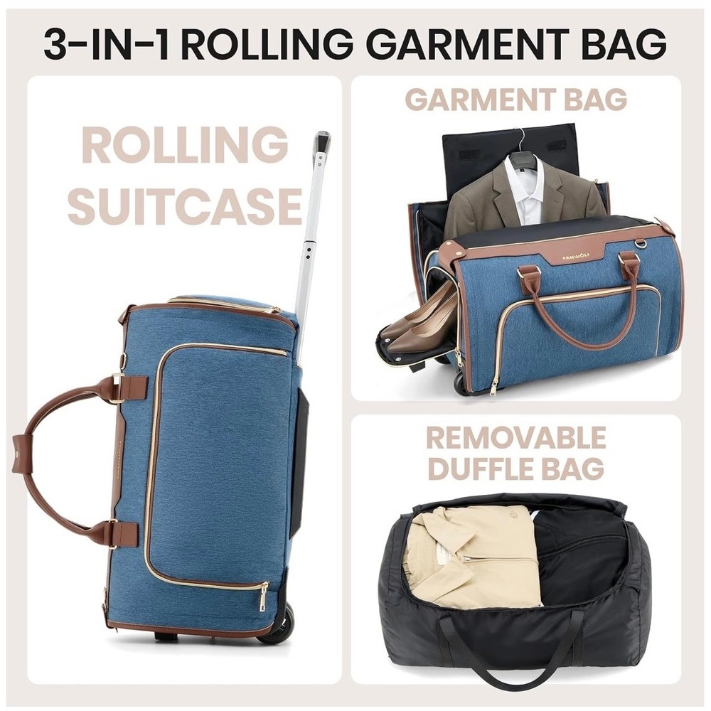FANWOLI Rolling Garment Bag Unisex Blue Excellent 3-in-1 Convertible Duffle